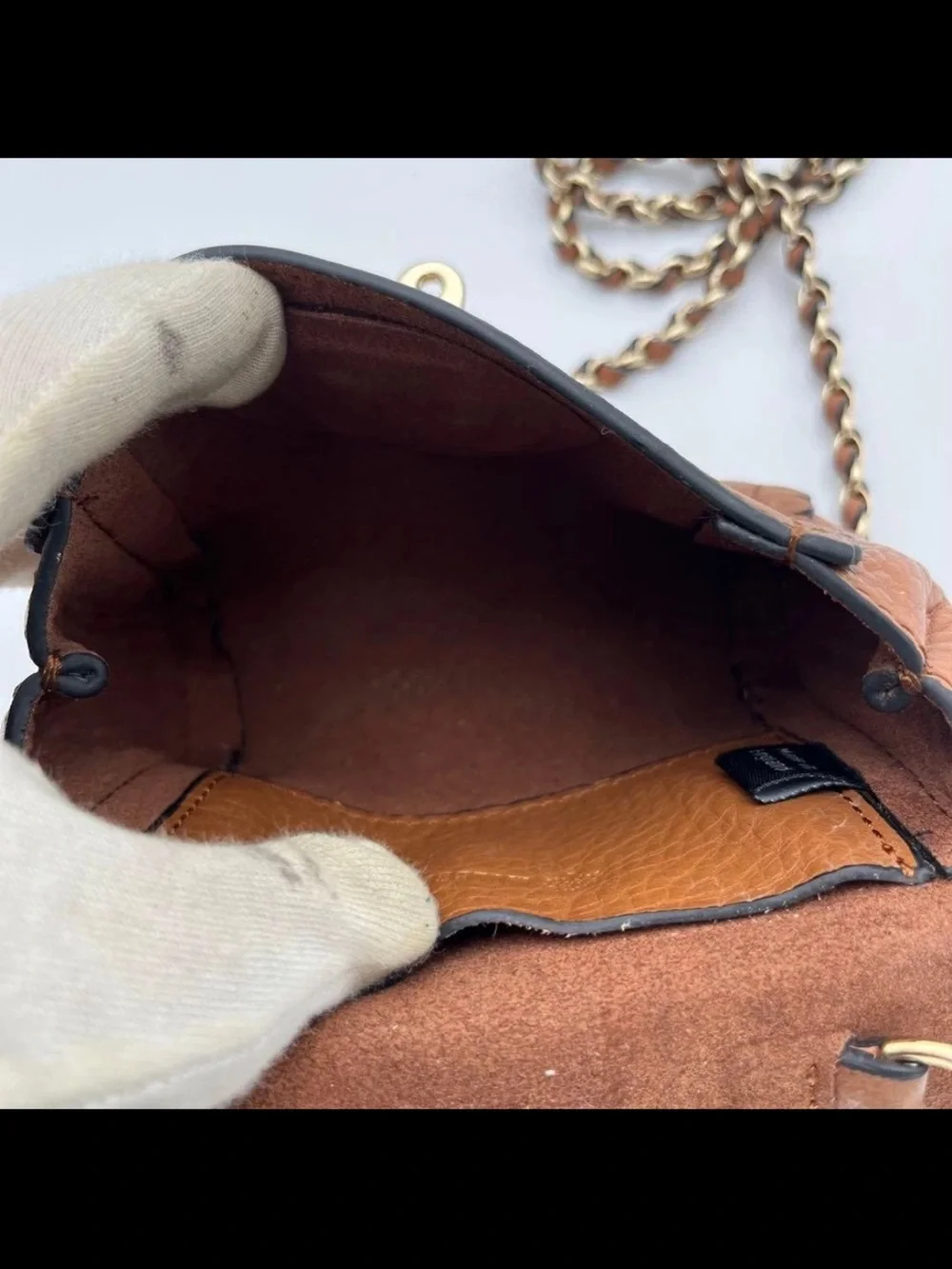 Mulberry Tan Leather Scalloped Flap Crossbody with Chain Strap